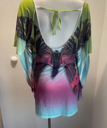 One World  beach butterfly print swim cover up top size medium multicolored flowy