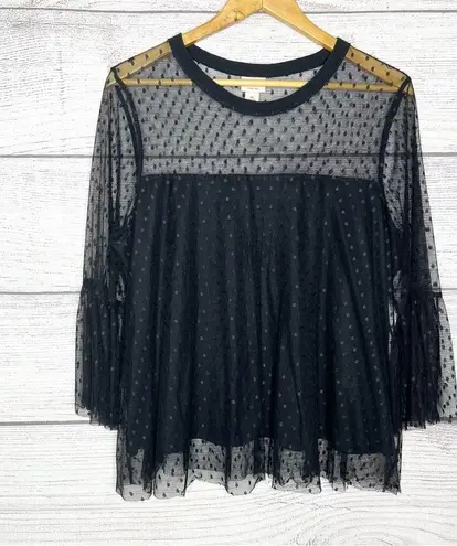 Mossimo Black Sheer Polka Dot Bell Sleeve Flowy Top Size XL