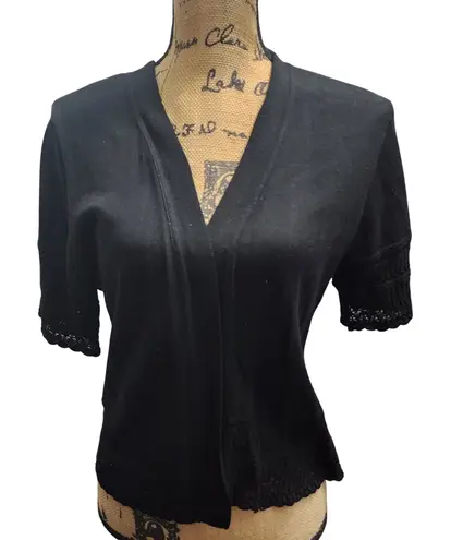 Signature by Robbie Bee Black Cropped Cardigan Womens LG Lace Trim Short Sleeve Size undefined