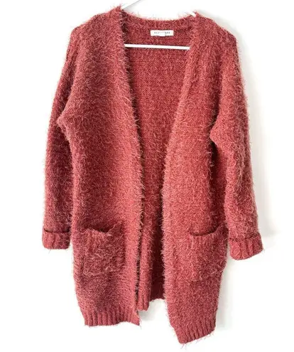 Olive & Oak Fuzzy Burnt Orange Long Line Open Front Cardigan Oversized Warm