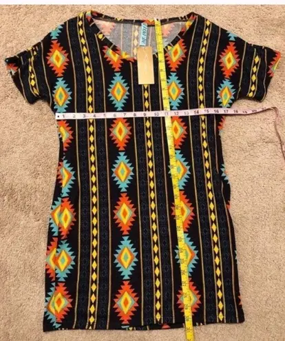 š Aztec boho cowgirl short sleeve v neck pullover mini dress small black blue
