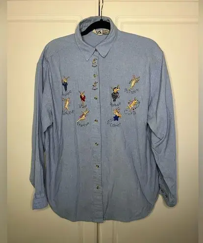 Falls Creek Vintage Christmas Embroidered Rudolph and Reindeer Friends Button Up