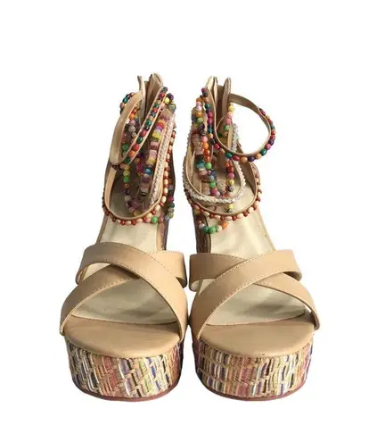 🆕Getmorebeauty Tan Ankle Beaded Strap Detailing Platform Wedge Sandals Size 9