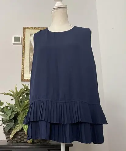 Q&A Women's Blouse L Navy Blue Sheer Double Ruffle Hem Peplum Sleeveless