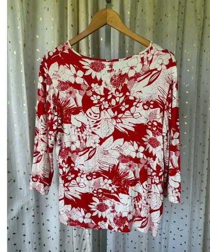 Pineapple Moon Hawaiian Aloha Tropical Floral Quarter Sleeve Silky Top L Red Size L