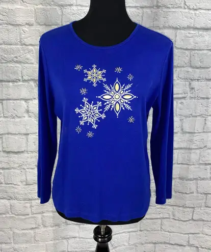 Karen Scott petites snowflake top w/rhinestones longsleeve blue PXL