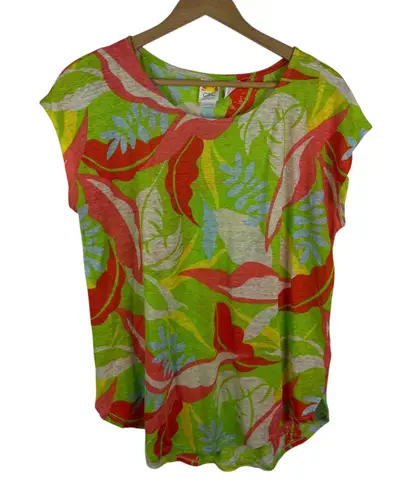 C&C California Linen Tropical Leaf Print Top Large Multicolor Resort Colorful