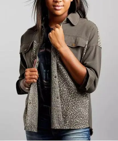 Mystree Buckle pieced leopard denim Jacket