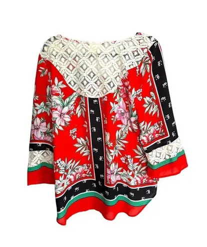 Fig & Flower Boho Floral Tie Blouse Size Large Lace Detail Red 3/4 Sleeves Flowy