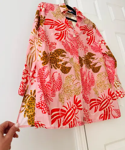 Farm Rio Lobster Print Oversized Button-Front Shirt/Tunic, Size S