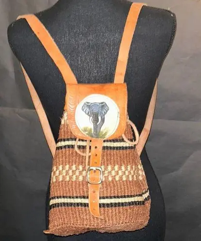 Brown Leather and Woven Backpack with African Theme Elephant Design Tan