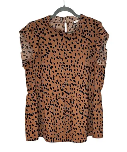 Women’s Casual Leopard Print Cap Sleeve Ruffle Neck Loose Babydoll Shirt Brown Size L