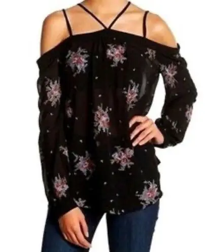 Ro & De NWT Black Strappy Floral Embroidered Open Shoulder Top Size Medium