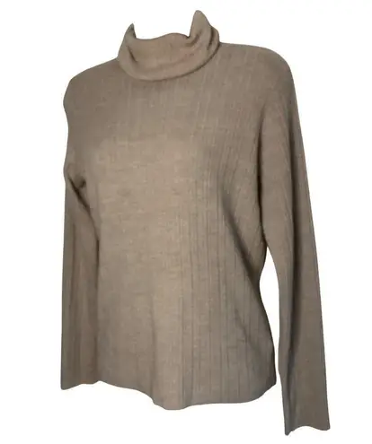 Halston Womens Medium Ribbed Turtleneck Sweater Extra Fine Merino Wool Beige Tan