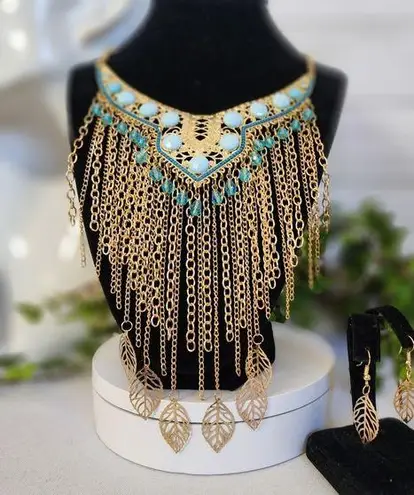 Boho Gold and Blue Fringe Necklace and Earring Set