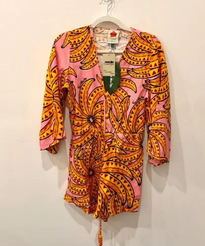 Farm Rio NWT Banana Floral Linen 3/4 Sleeve Romper Pink/Yellow Women's Size S
