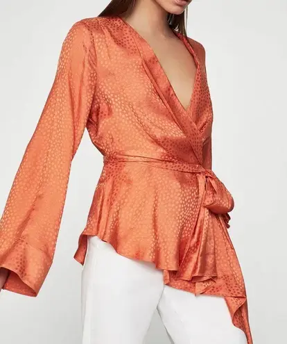 BCBGMAXAZRIA  Dotted Satin Wrap ASYMMETRIC BLOUSE Top Long Sleeve Orange S NEW