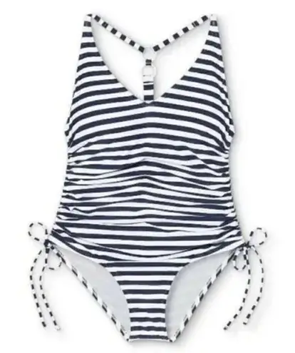 Kona Sol Navy + White Stripe V Neck Side Cinch One Piece Swimsuit Large
