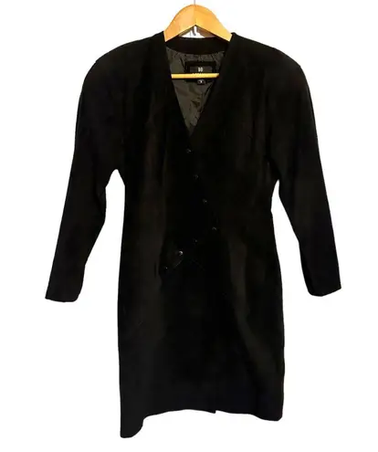 Vintage Betmani Black Suede Leather Long Dolman Sleeve Snap Front Deep C Dress M Size 6