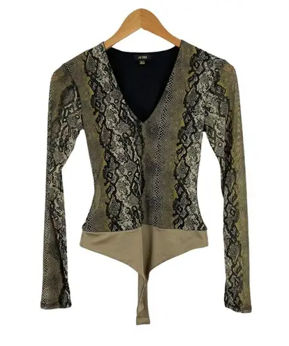 AFRM Womens Size XS Jane Mesh Sleeve Thong Bodysuit in Olive Snakeskin Print