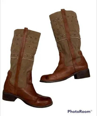 Paris Blues Pull On Leather/Canvas Studded Boots