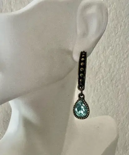 Vintage Avon Style Bronze Hoop Earrings w/ Aqua Crystal Drop