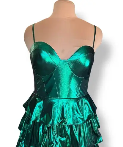 None Metallic Green Ruffle Tiered Corset Mini Dress Sleeveless Sweetheart Neckline