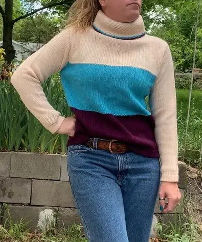 Vintage 60s 70s Sears Wool turtleneck sweater color block stripe Blue Size L - Image 1