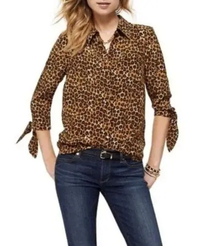 Juicy Couture Mobwife Tan Leopard Print Silk Tie 3/4 Sleeves Button-down Top 6