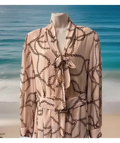 Worthington Womens Dress Long Sleeve Belt Button Up Peach Chains Print NEW Sz 3X