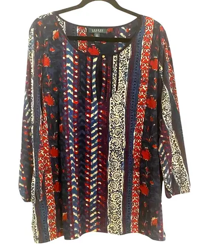 Lauren Ralph Lauren 3X Boho Print Peasant Tunic Popover Top 100% Cotton Blue
