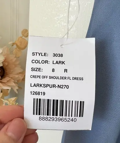 After Six Dessy Collection OFF-THE-SHOULDER NOTCH TRUMPET GOWN WITH FRONT SLIT IN LARKSPUR