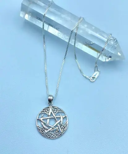 Crescent Celtic Moon With Pentagram Sterling Silver Necklace Box Chain