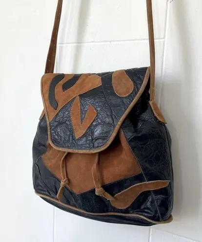 Black Leather Brown Suede Satchel Purse Shoulder Bag