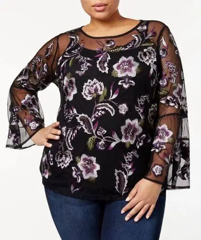 Inc international Concepts Black Mesh Embroidered Long Bell Sleeve Blouse Sz 2X