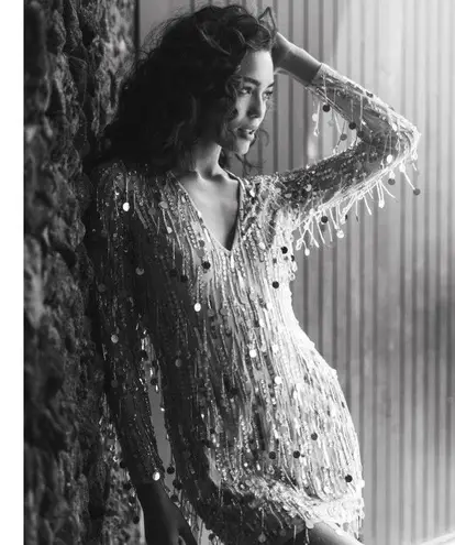 Mac Duggal Long Sleeve Beaded Fringe Plunge Neck Dress size 10