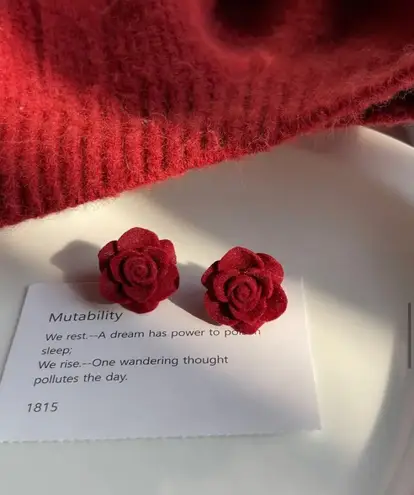Wine Red Rose Flower Ear Stud Earring