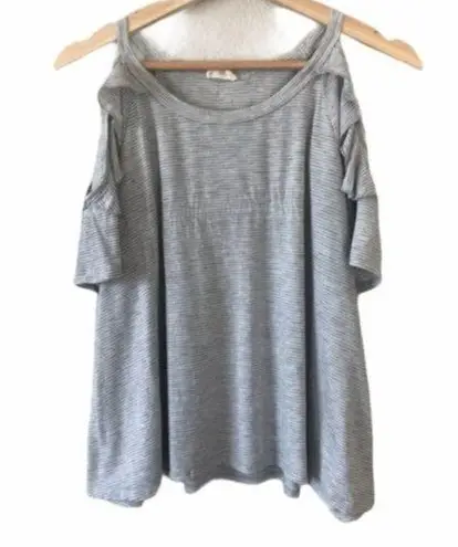 Urban Outfitters  Caution to the Wind Cold Shoulder Ruffle Gray Striped T-Shirt L