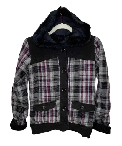 Fox Racing Girls Coat Small Plaid Button Front Faux Fur Lined Hood Pockets Gray