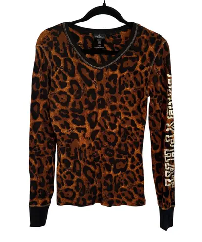 Baby Phat Y2K Leopard Print Logo Sleeve McBling Indie Sleaze Waffle Tee Large