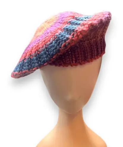 None Knit Beret Hat Coral Pink Orange Purple Blue Tonal Shades Warm Winter Essential