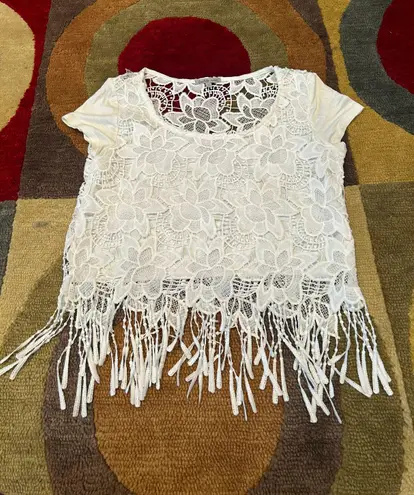 Charlotte Russe White Fringe Short Sleeve Lace Crop Top Medium