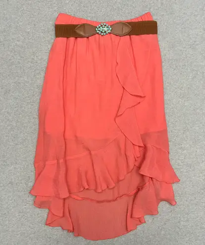 A Byer A. Byer Ruffle Trim Semi Sheer Midi Chiffon High Low Skirt size Small