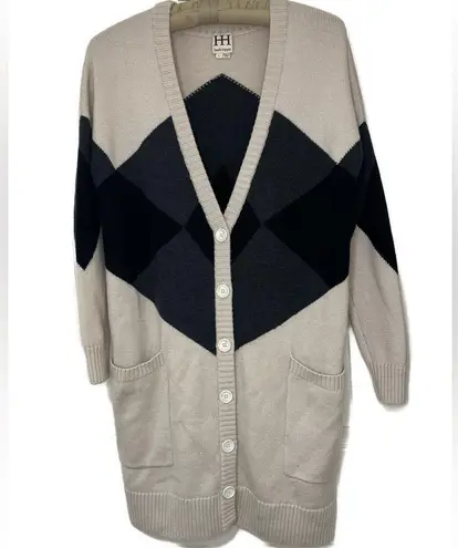 Haute Hippie Merino Wool ARGYLE CARDIGAN SWEATER Long Line Sz L
