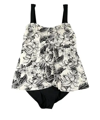 Island Pearls Womens 14 One Piece Tankini Swimsuit Flowy Black White Nylon Blend