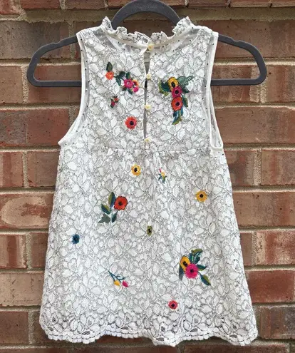 Maeve Anthropologie Maci White Lace Top with Floral Multi-Color Embroidery