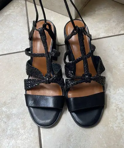 H by Halston 7.5 Halston Piper Strappy Block Chunky Sandal Heels Black Leather Braided