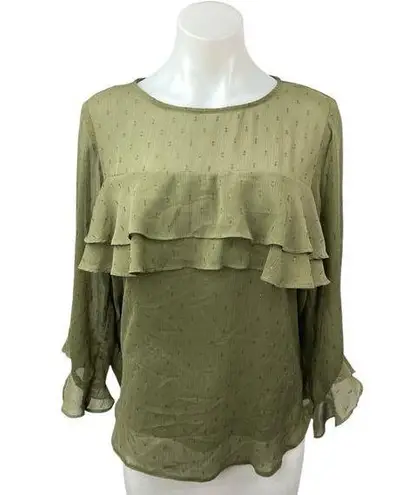 Dorothy Perkins Women's Olive Green Metallic Chiffon Ruffle Blouse Top Size 12