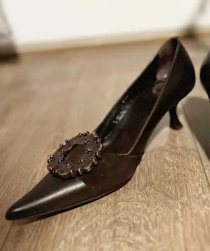 ESCADA Vintage Rare Brown Jeweled Pointed Toe Kitten Heels Size 6.5