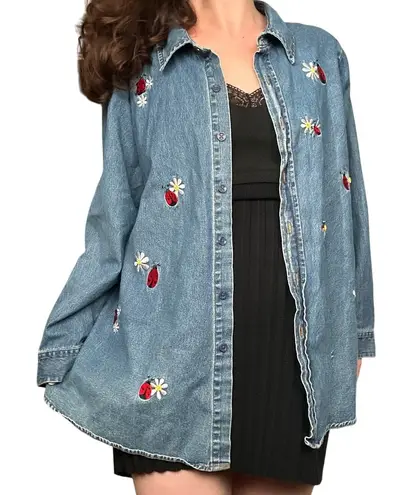 Quacker Factory Rare women's 1x denim button-up shirt embroidered ladybugs - Image 1
